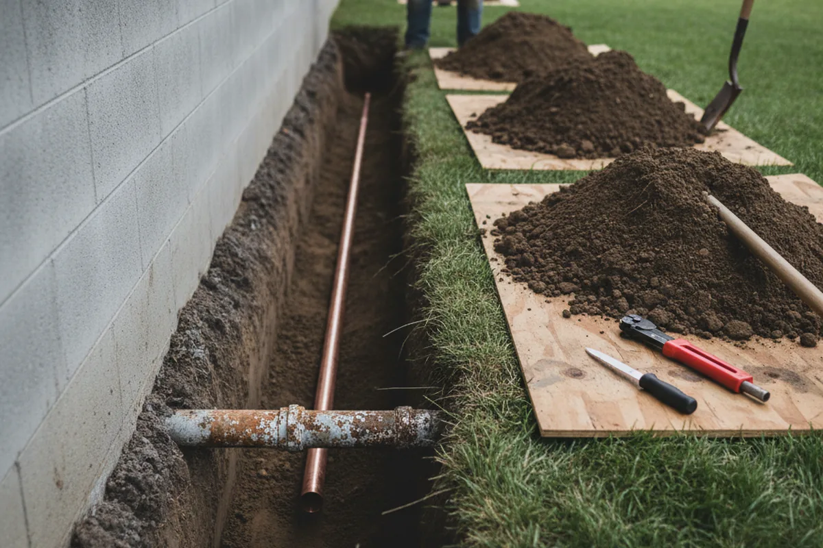 Excavated water line trench during Water Softener Installation in Brooklet
